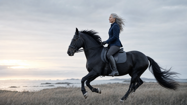 Silver-haired woman riding a dark horse beside a cool coastal field