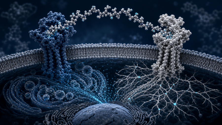 Scientific visualization of two receptor pathways converging inside a metabolic cell