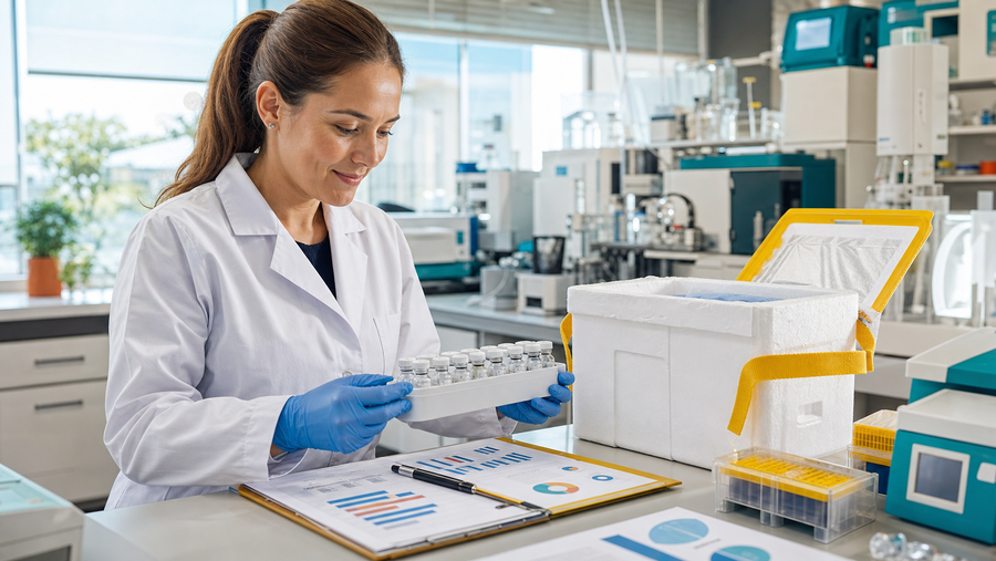 Laboratory quality specialist reviewing sealed research vials and supplier documentation