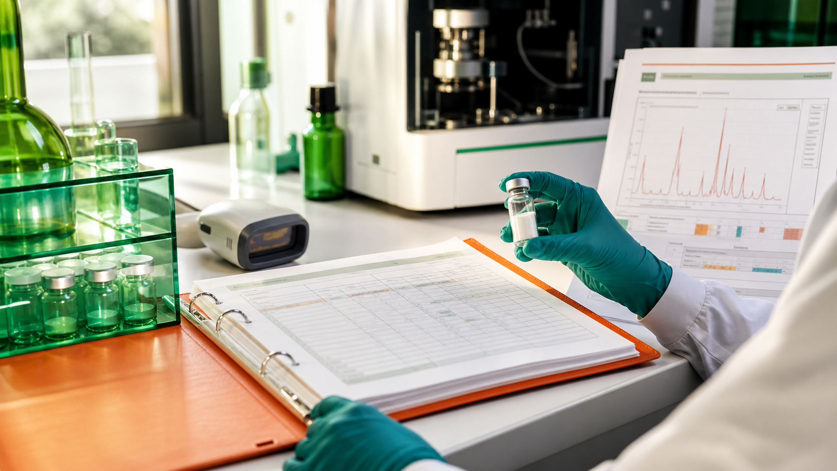 Matched research vial, lot record, and analytical documentation in a bright quality laboratory