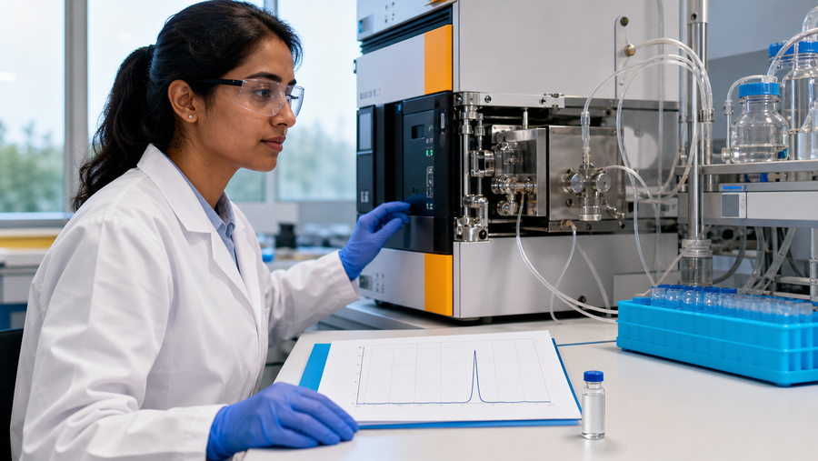 Sealed research vial beside bright chromatography equipment and a clean analytical sample