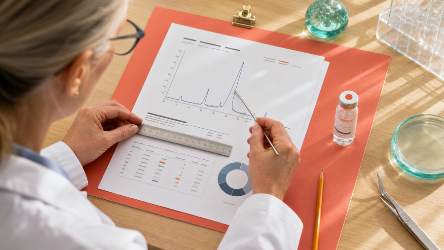 Quality analyst comparing HPLC and mass confirmation results with a sealed research vial