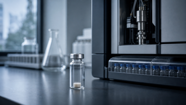 Analytical laboratory scene with a sealed research vial and chromatography equipment