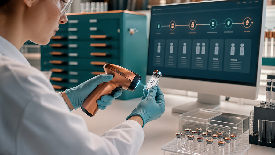Laboratory technician comparing sealed research vials, powder appearance, and lot records