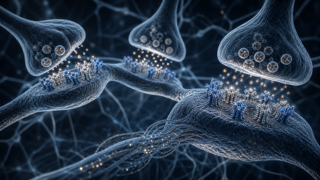 Blue-grey scientific visualization of balanced inhibitory signals across a neural network
