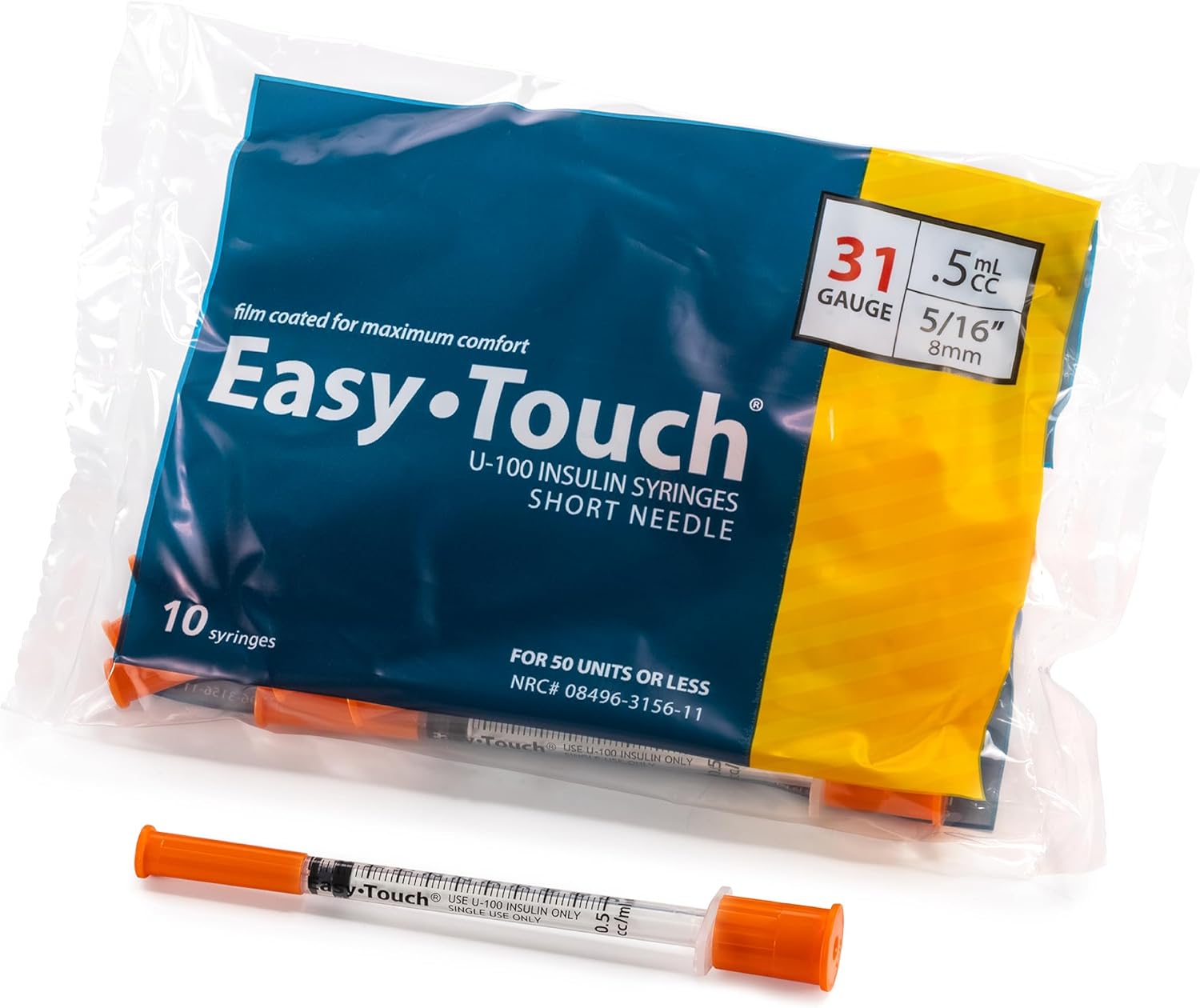 EasyTouch U-100 syringe package, 31G, 0.5mL, 5/16 inch, 10 pack