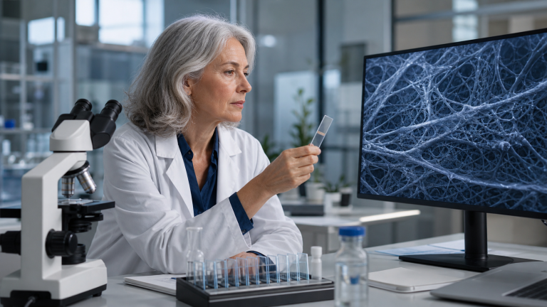 Mature research scientist examining collagen microstructure beside a laboratory microscope