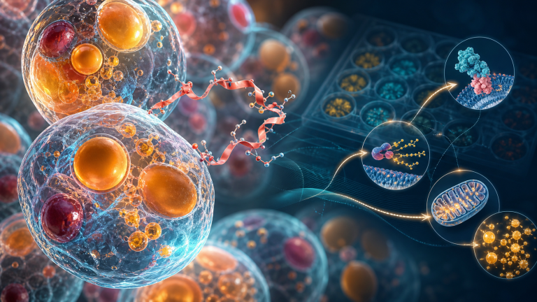 Colorful scientific visualization of lipid droplets and metabolic signalling in adipose cells