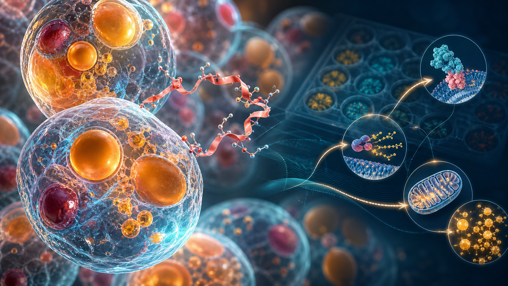 Colorful scientific visualization of lipid droplets and metabolic signalling in adipose cells