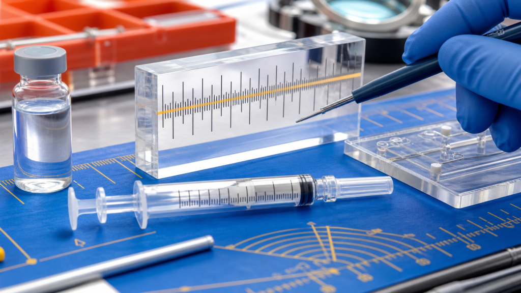 Gloved laboratory technician checking measurement markings on a capped U-100 syringe