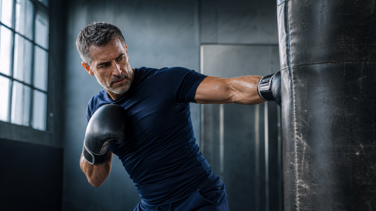 Strong mature man training on a heavy bag in a boxing studio