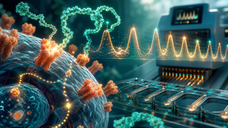 Colorful scientific visualization of GHRH receptor signalling and pituitary hormone pulses