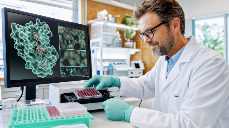 Scientist reviewing a colorful LH receptor and steroidogenesis assay in an endocrine laboratory