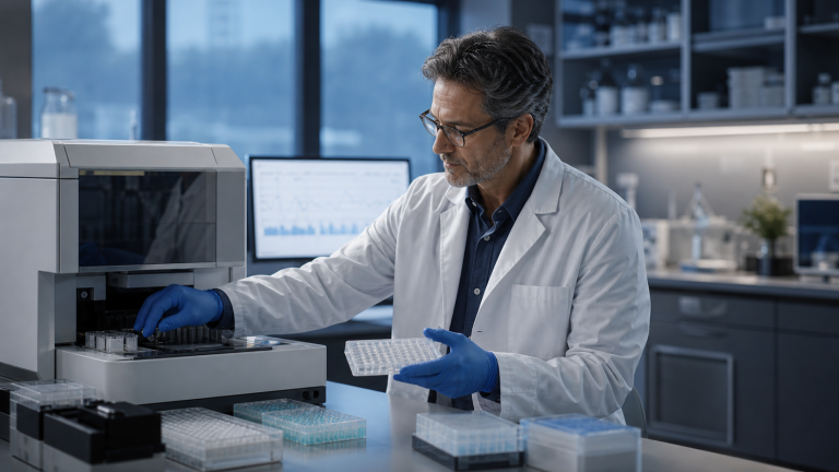 Research scientist reviewing a metabolic assay beside modern analytical equipment