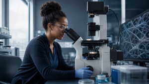 Research scientist examining connective-tissue microscopy in a modern laboratory
