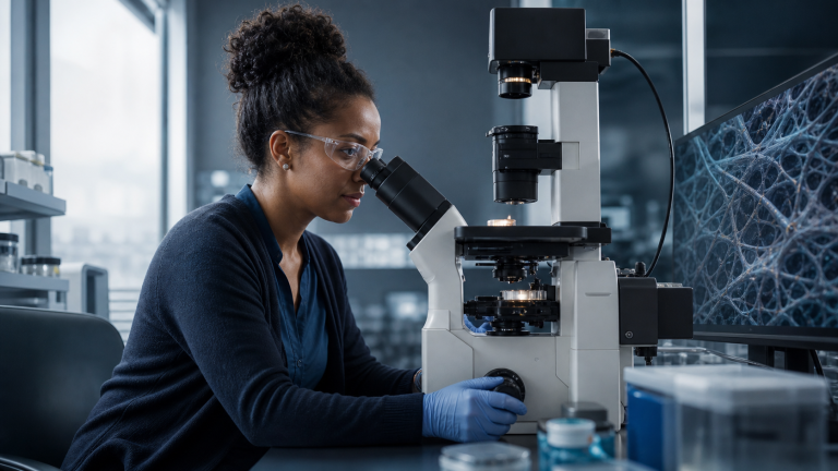 Research scientist examining connective-tissue microscopy in a modern laboratory