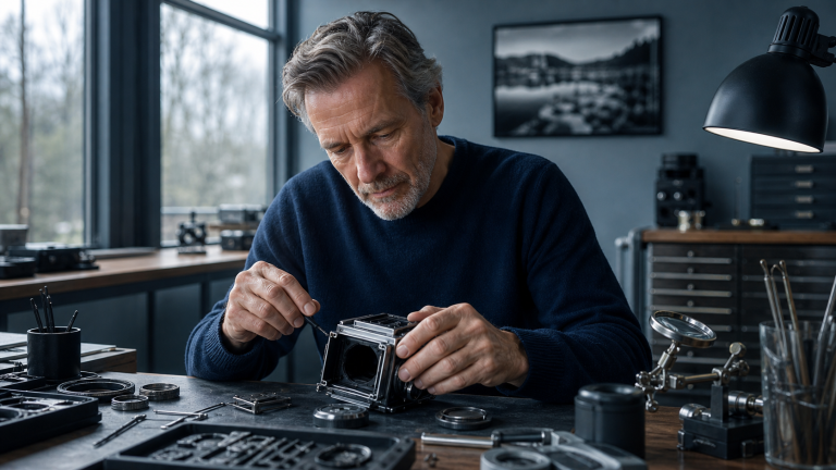 Mature man absorbed in detailed creative work in a calm blue-grey studio