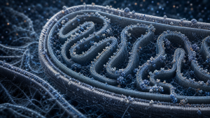 Detailed blue-grey visualization of mitochondrial membranes and folded cristae
