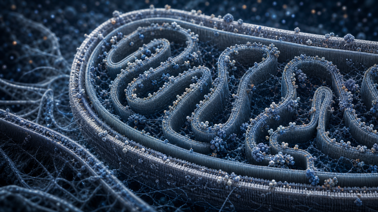 Detailed blue-grey visualization of mitochondrial membranes and folded cristae