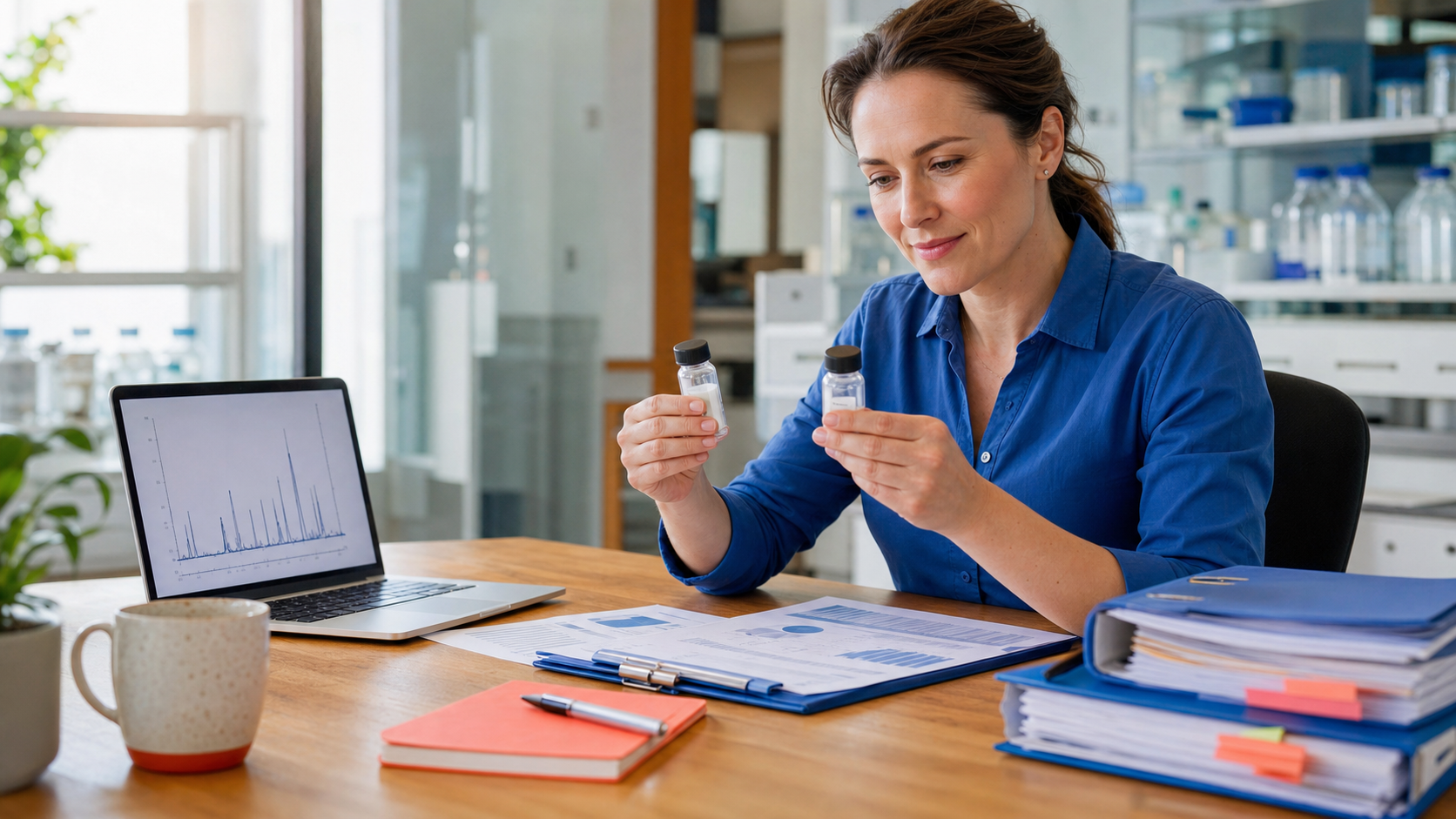 Research buyer comparing vial documentation and laboratory records at a bright desk