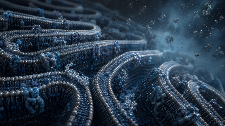 Scientific visualization of folded mitochondrial inner membranes and respiratory complexes