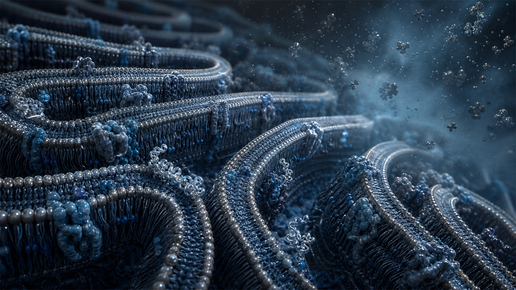 Scientific visualization of folded mitochondrial inner membranes and respiratory complexes