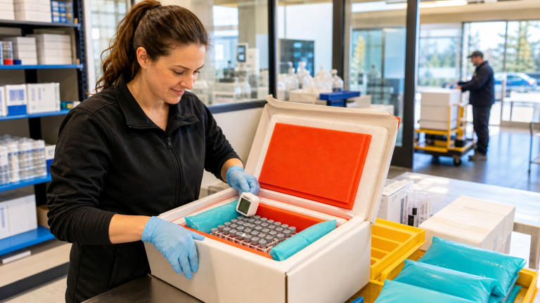 Fulfillment specialist packing protected research vials for tracked Canadian shipping
