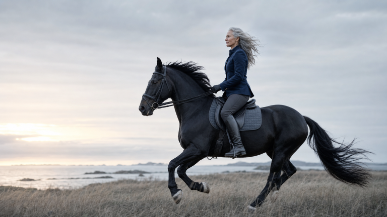 Silver-haired woman riding a dark horse beside a cool coastal field