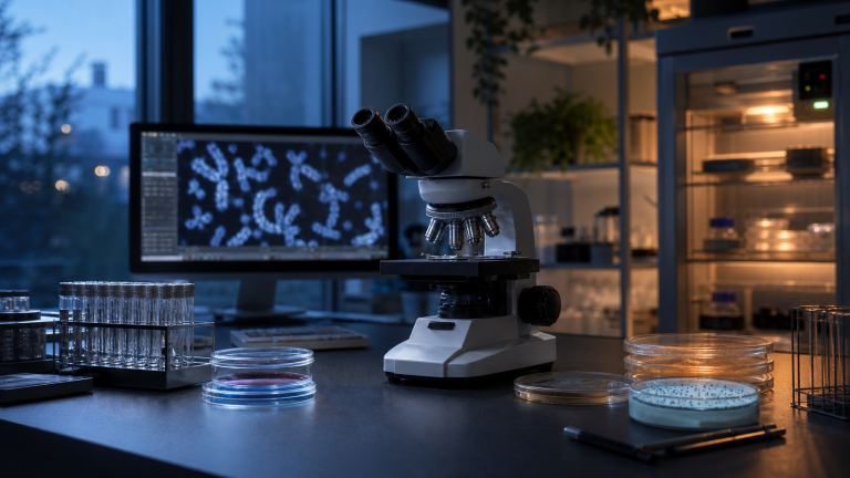 Blue-grey chronobiology laboratory scene with chromosome and telomere research imagery
