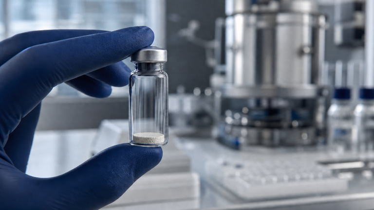 Sealed research vial containing a compact lyophilized powder cake in a modern laboratory