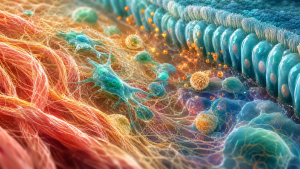 Colorful scientific visualization of collagen, migrating cells, signalling particles, and epithelial tissue