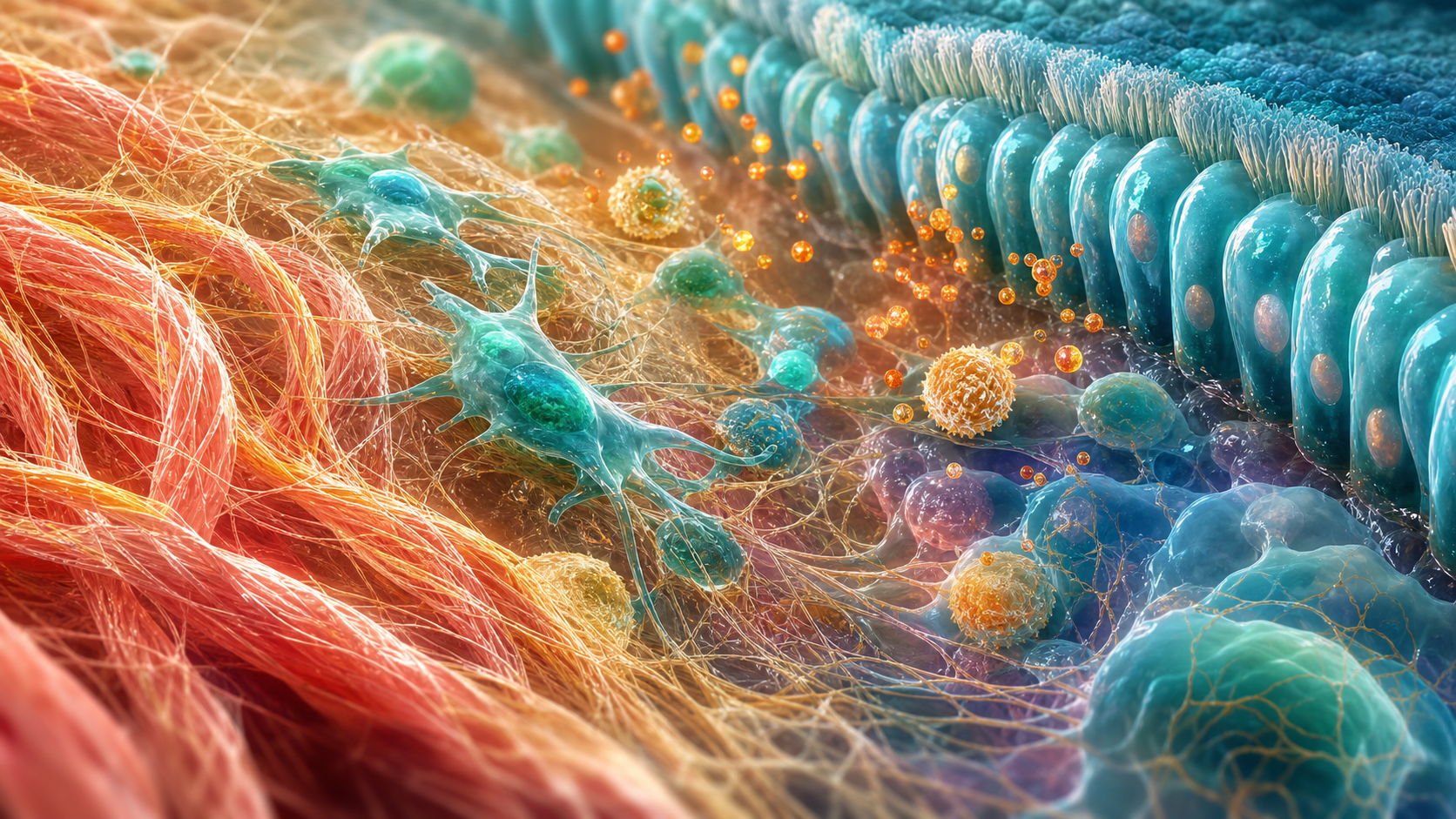 Colorful scientific visualization of collagen, migrating cells, signalling particles, and epithelial tissue