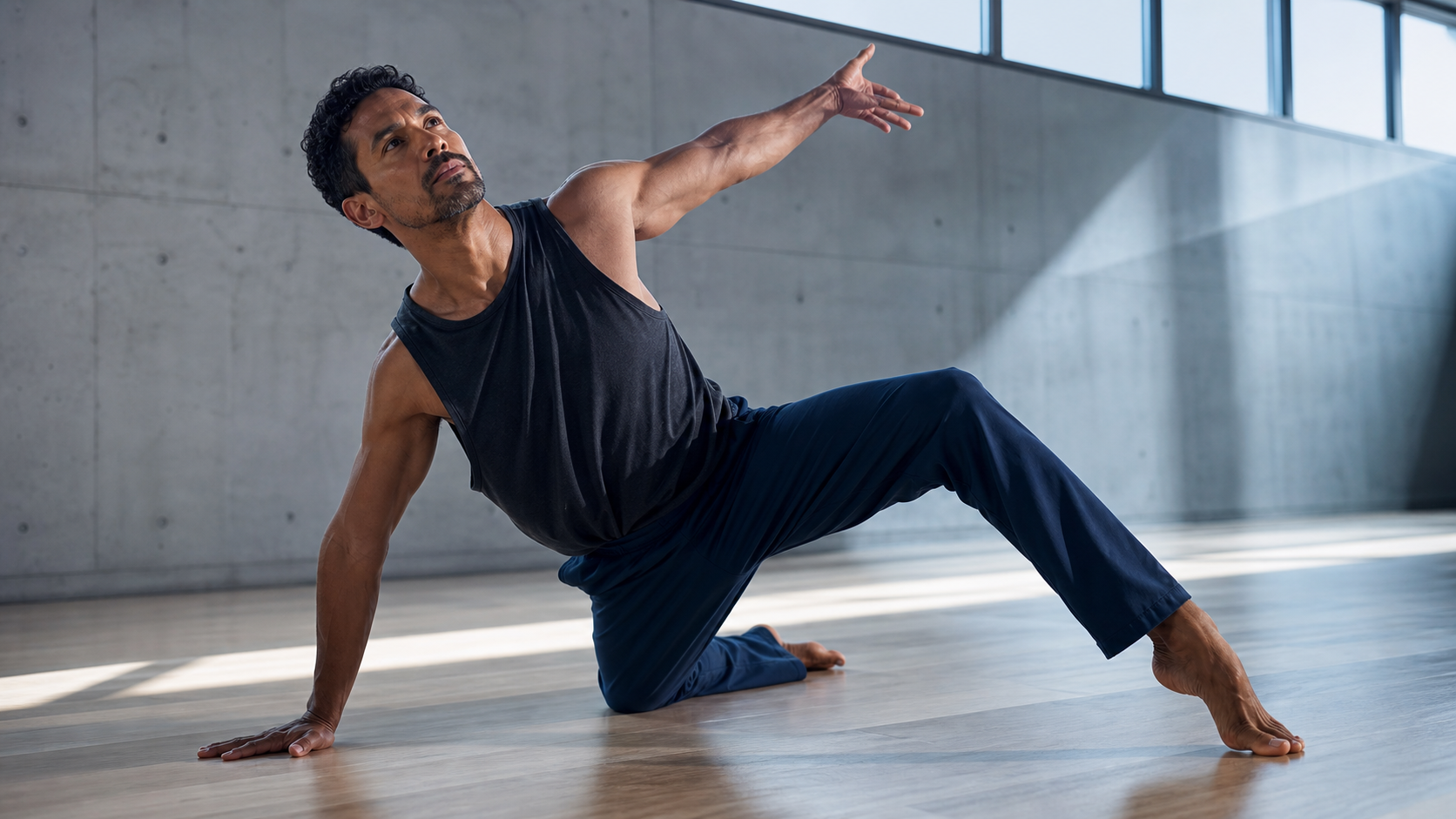Strong contemporary dancer moving through a controlled floor sequence