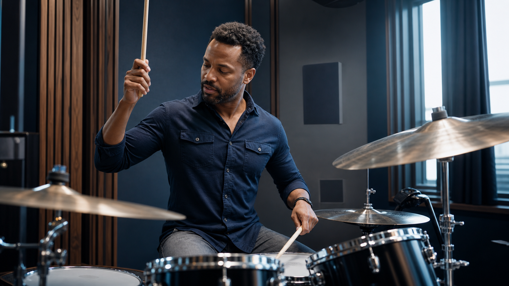 Focused drummer rehearsing in a refined modern music studio