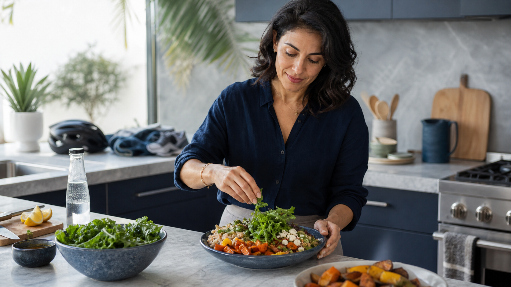 Woman preparing a balanced lunch in a bright modern kitchen
