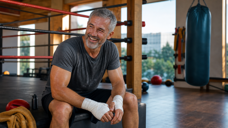 Smiling mature boxer resting between rounds in a bright training studio
