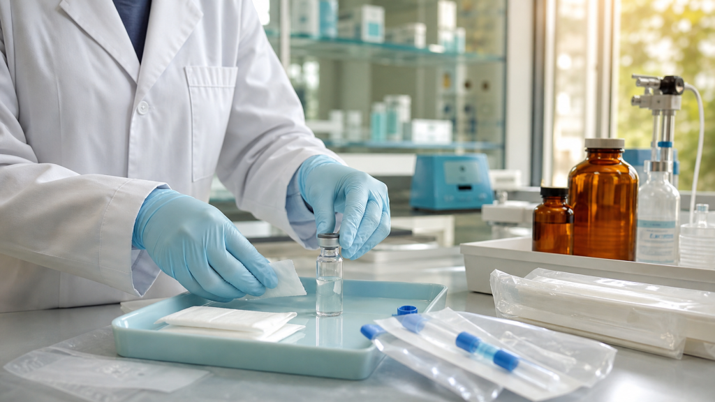 Gloved researcher organizing a sealed water vial and sterile laboratory supplies