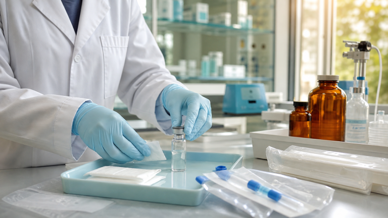 Gloved researcher organizing a sealed water vial and sterile laboratory supplies
