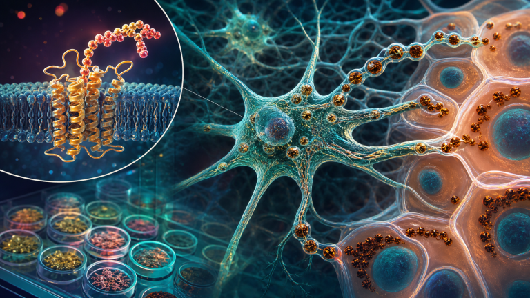 Colorful scientific visualization of melanocortin receptors and pigment granules in melanocytes