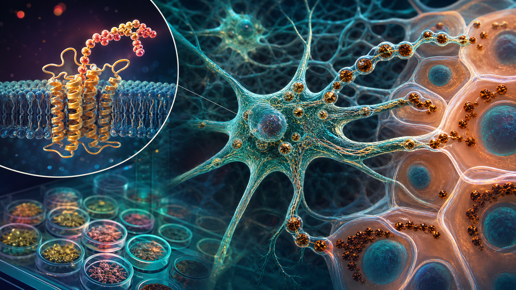 Colorful scientific visualization of melanocortin receptors and pigment granules in melanocytes