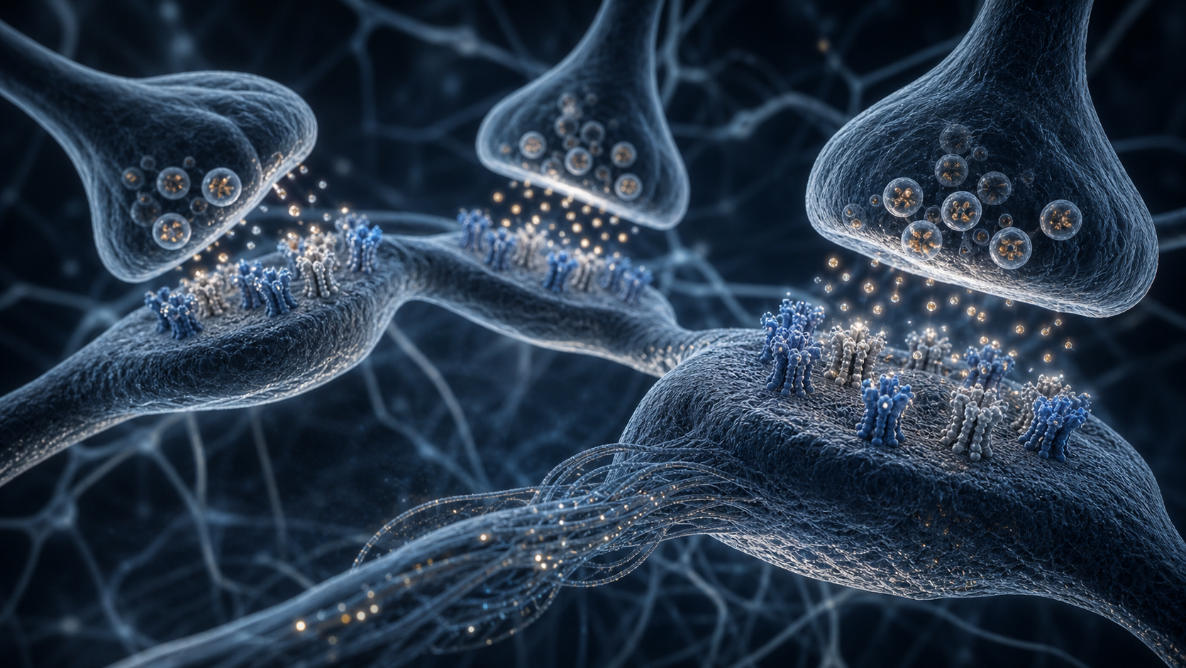 Blue-grey scientific visualization of balanced inhibitory signals across a neural network