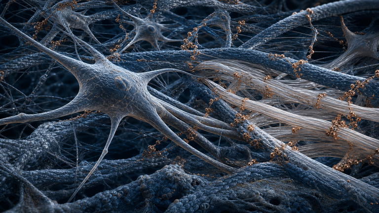 Scientific visualization of fibroblasts, collagen fibres, and copper-coloured molecular nodes