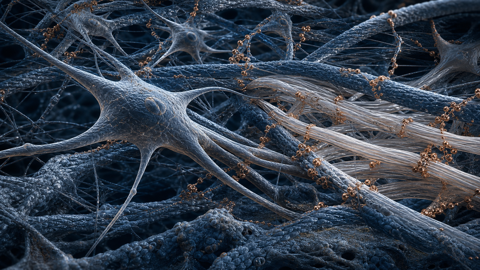 Scientific visualization of fibroblasts, collagen fibres, and copper-coloured molecular nodes