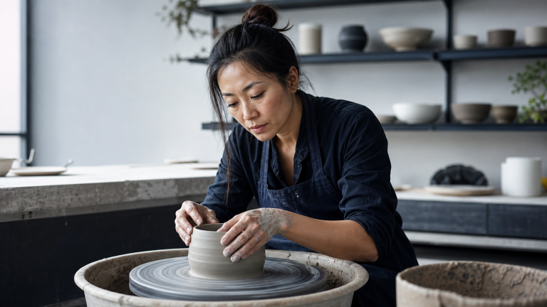 Ceramic artist calmly centring clay on a potter's wheel