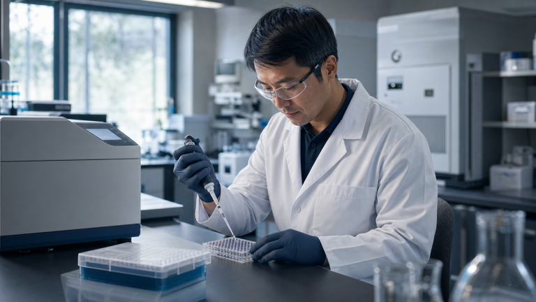 Research scientist preparing a multi-well endocrine assay in a modern laboratory