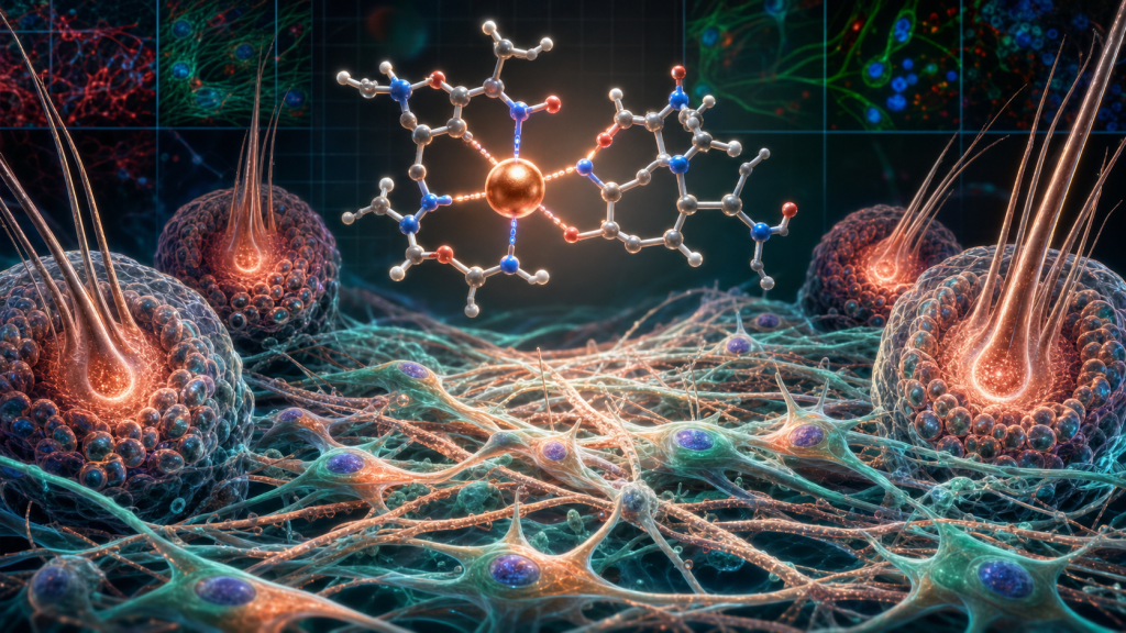Colorful scientific visualization of copper peptide structures within a collagen matrix