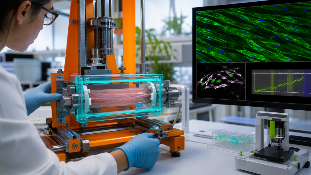 Colorful scientific visualization of a PEGylated molecular chain near mechanically loaded muscle tissue