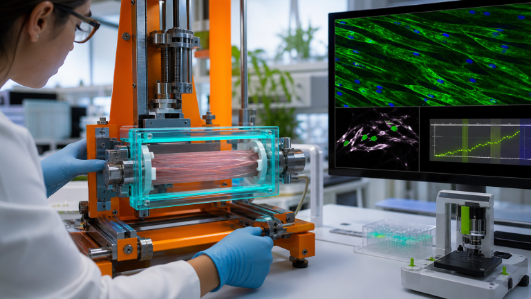Colorful scientific visualization of a PEGylated molecular chain near mechanically loaded muscle tissue