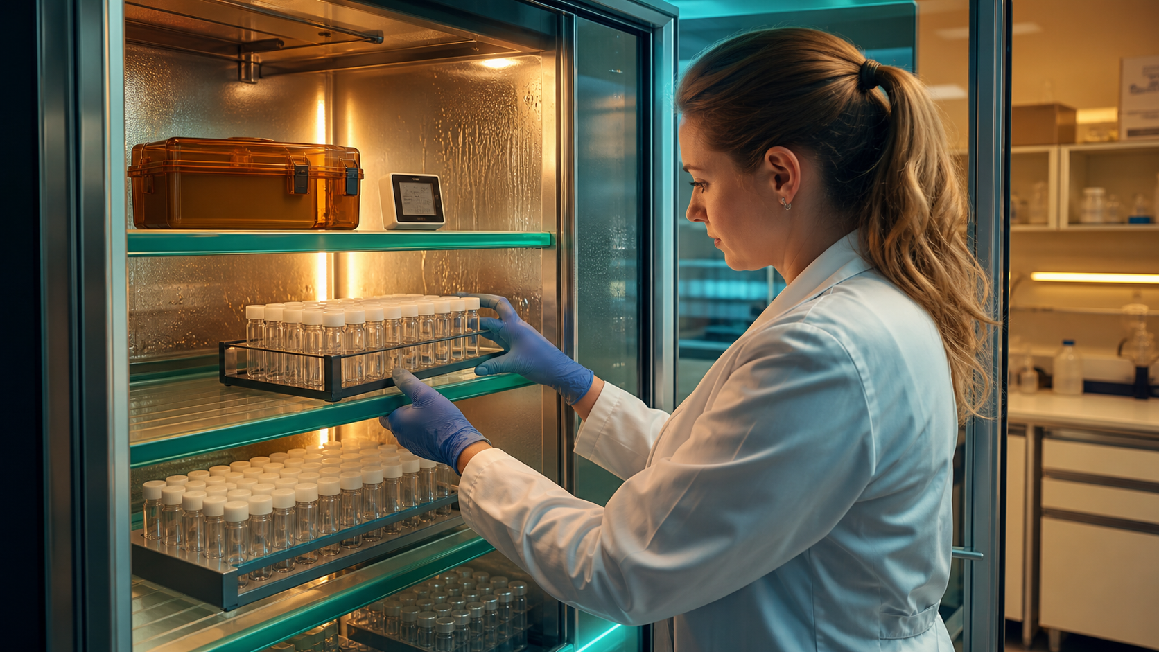 Organized research vials protected from light and moisture in refrigerated laboratory storage