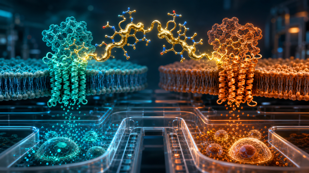 Colorful scientific visualization of two metabolic receptors converging on distinct cell signals